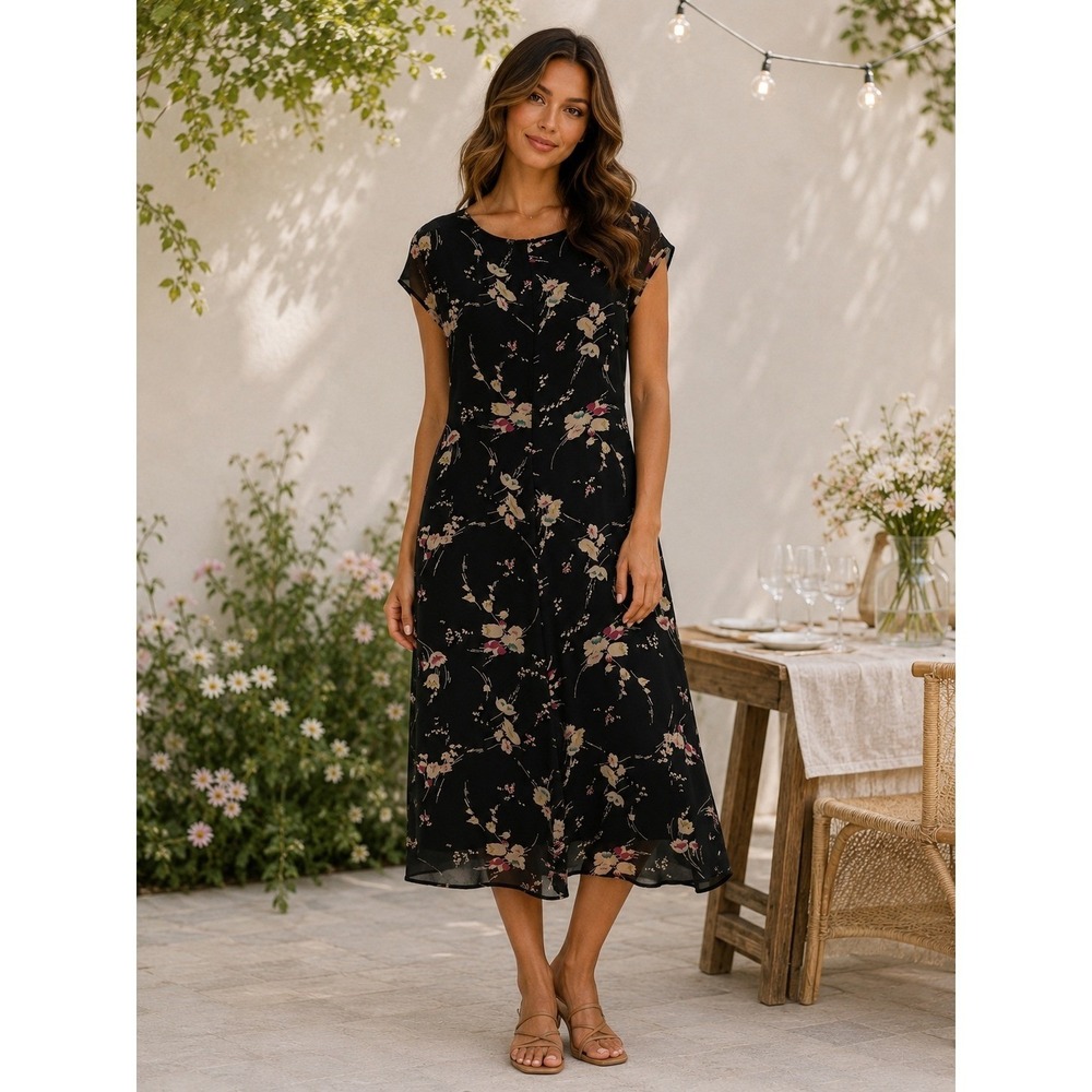 Andrea Viccaro Silk Midi Dress Womens Size 8 Black Floral Sheer Cap Sleeve Midi